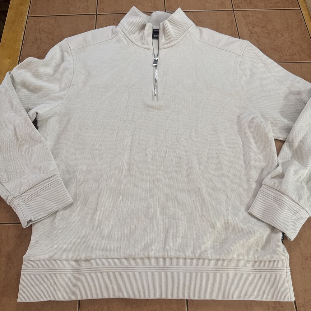 BOSS Hugo Boss‎ Mens Sz Large Beige 1/4 Zip Pullover Sweater Long Sleeve Casual